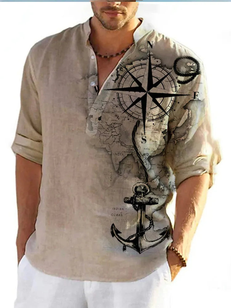Thin striped Hawaiian long sleeve shirt in polyester fabric on hanger