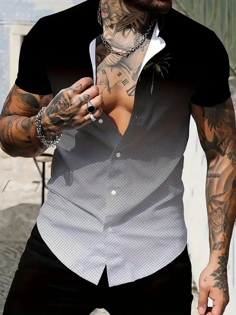 Men's geometric line lapel printing short sleeve shirt in slim fit summer styling