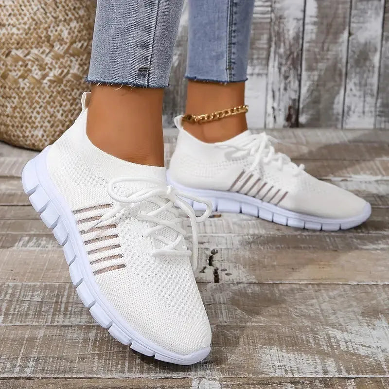 Women's breathable mesh flat shoes with round toe and front tie closure in various colours