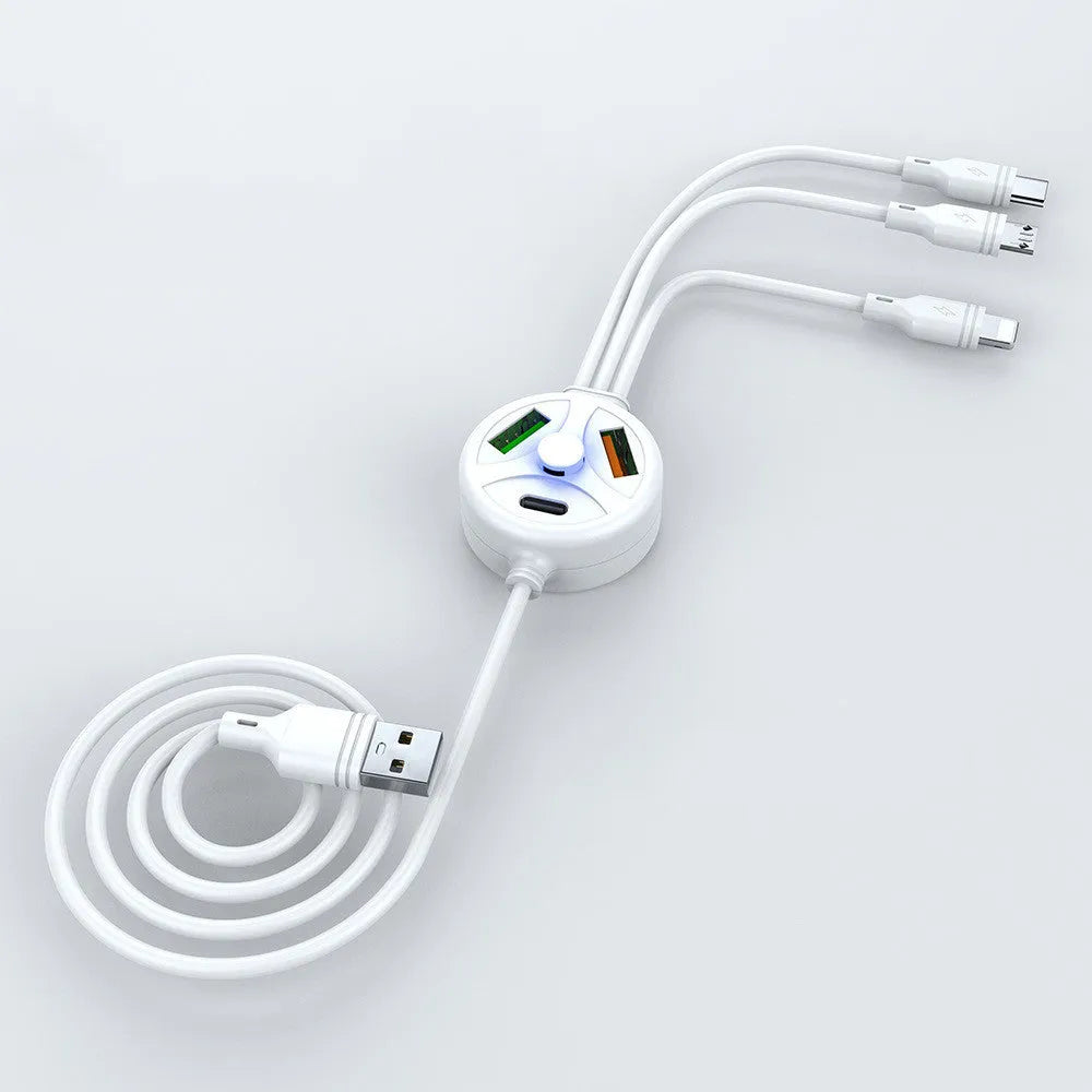 White 3-in-1 mobile charging cable showing USB, Micro USB and TYPE-C connectors with 1.2m length
