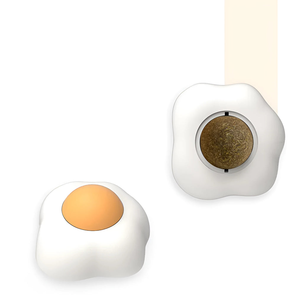 Organic catnip ball toy in egg shape with wall mounting for feline dental care and interactive play