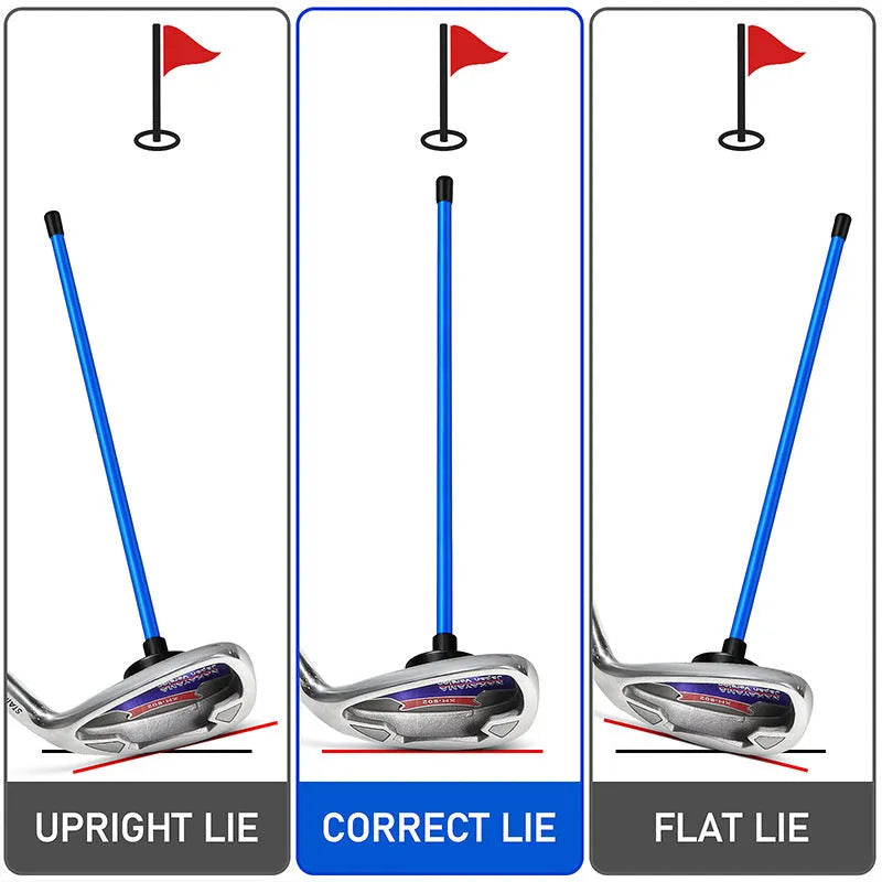 Red aluminium golf swing alignment trainer with magnetic directional pointer on green background