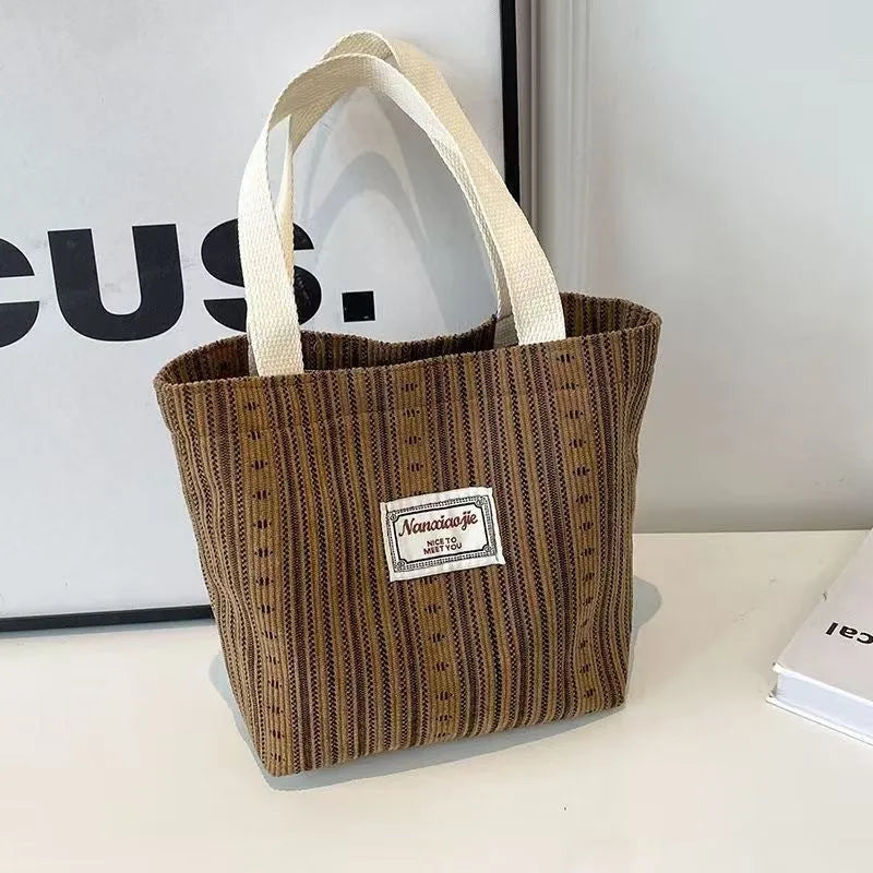 Japanese style corduroy handbag in ivory white, grey or dark brown with large capacity