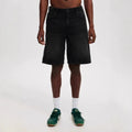 Men's loose fit straight leg denim jeans in light blue, black, and grey colour options