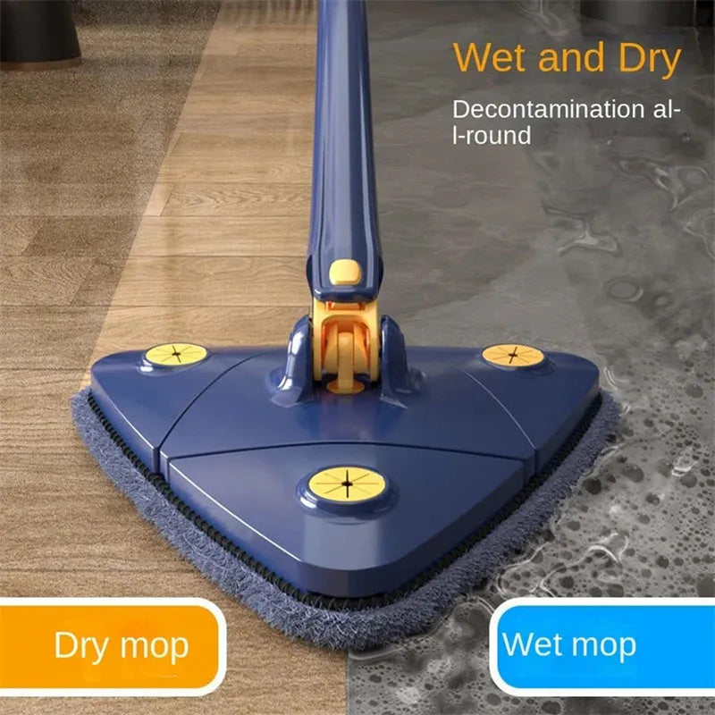 Extendable triangle cleaning mop with 360-degree rotating head and stainless steel pole