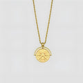 Gold titanium steel necklace with round embossed sunflower pendant and hemp chain.