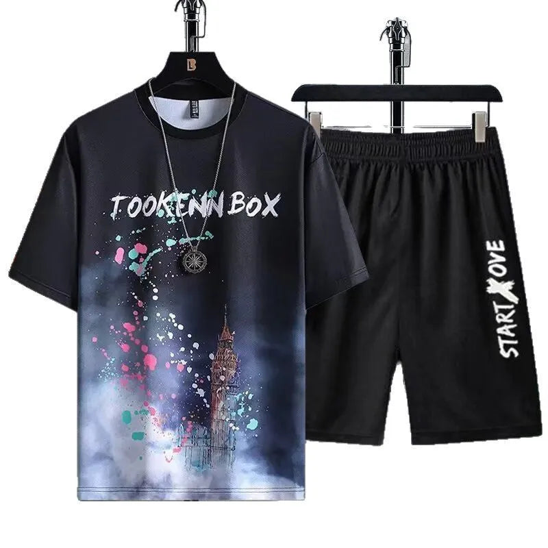 Men's light grey summer shorts suit set consisting of a short-sleeved T-shirt and matching casual shorts.