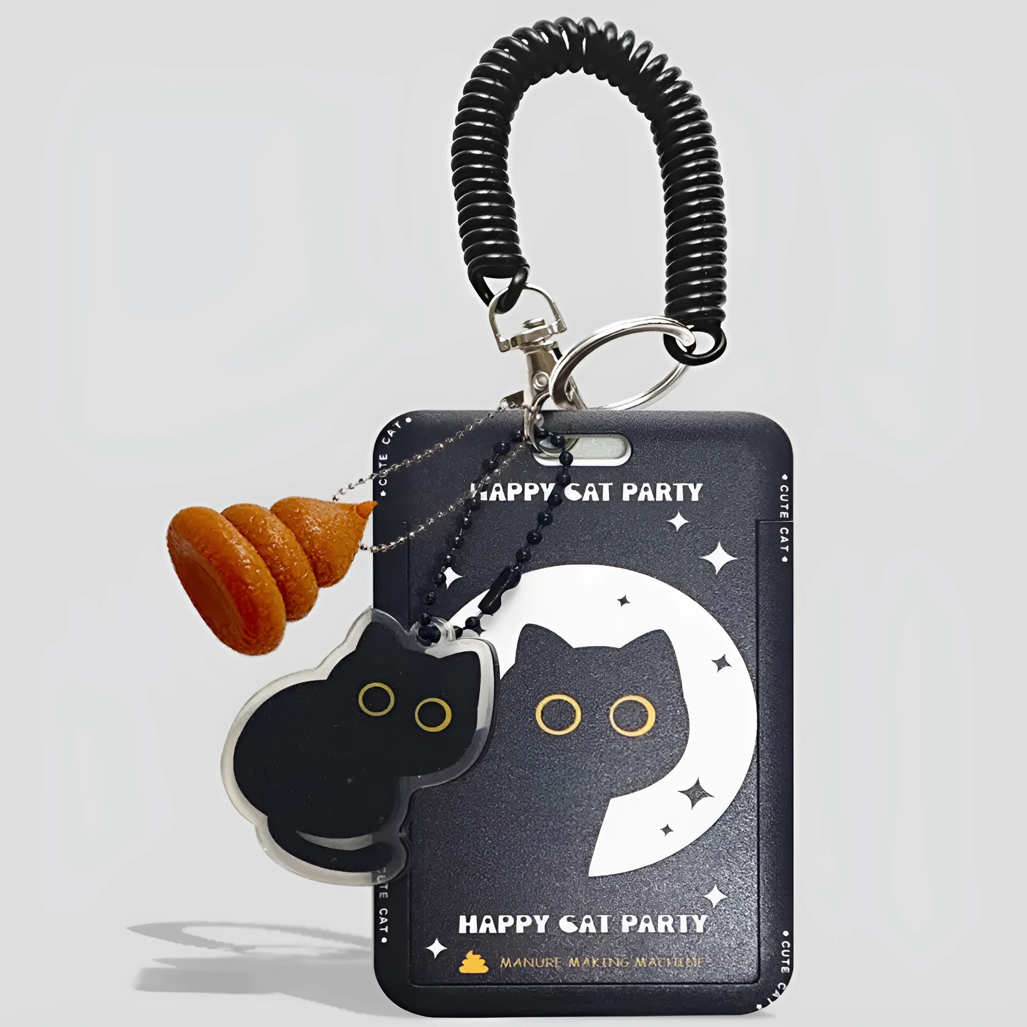 Cute black cartoon cat design plastic card holder with a metal ferrule pendant attached