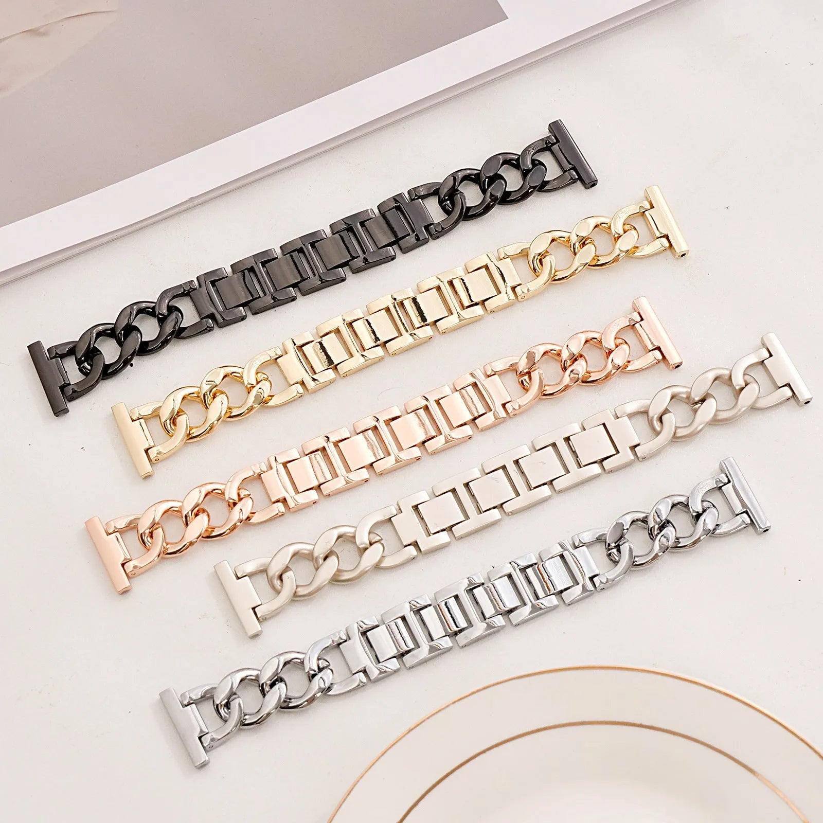 Denim chain pattern metal watch strap for Apple Watch in silver, shown with 22mm lugs.