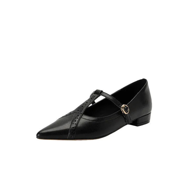 Brown women's cowhide leather flat shoes with round toe and soft bottom