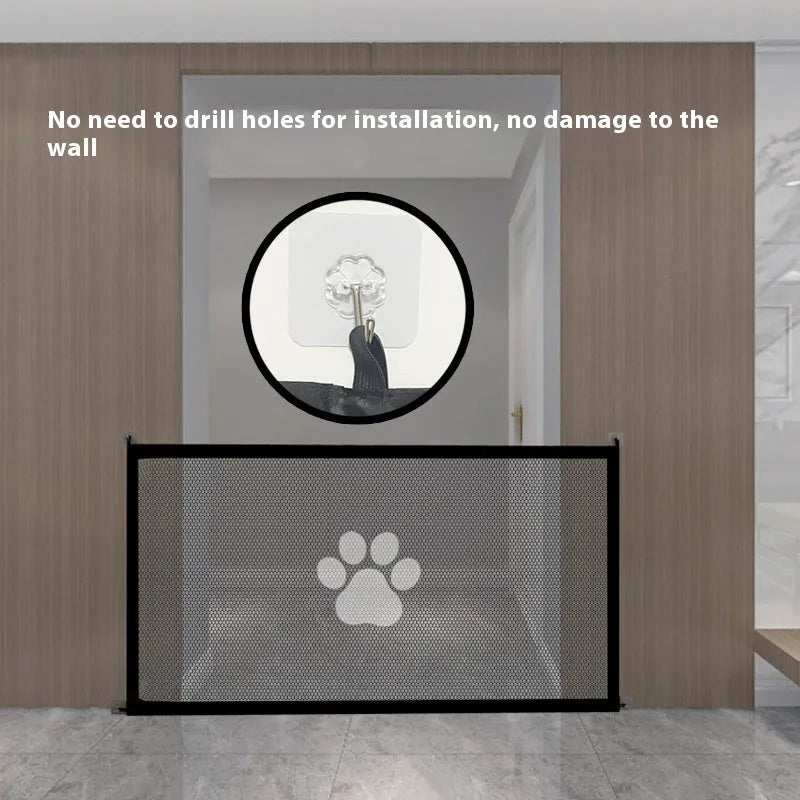 Folding dog barrier with black dog footprints, standing in doorway with plastic support rods