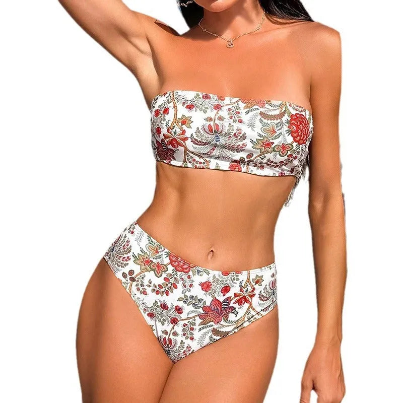 Women's printed bandeau swimsuit triangle top with matching elastic shorts set