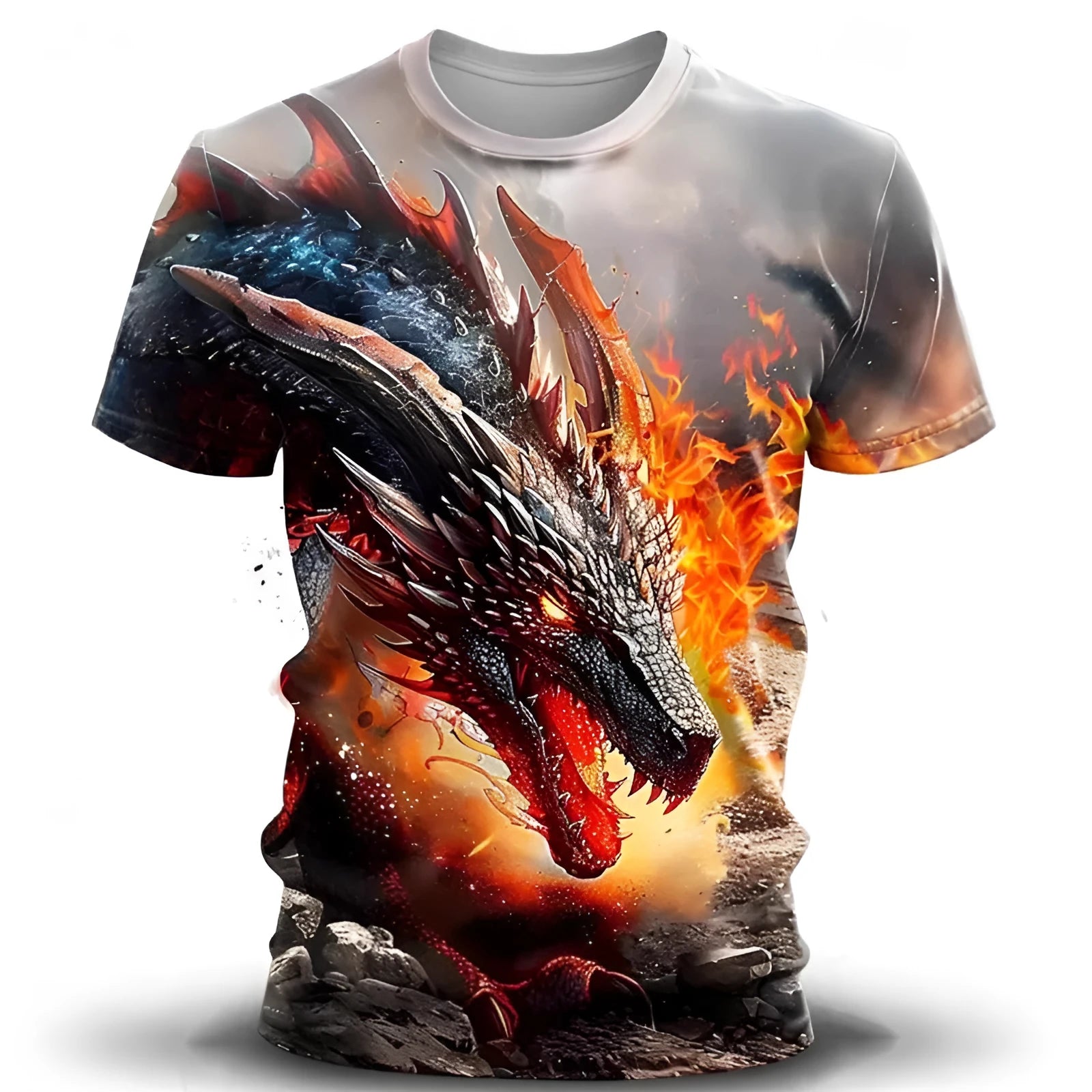 Men's grey T-shirt with a large blue 3D wind dragon print on the chest, short sleeves.