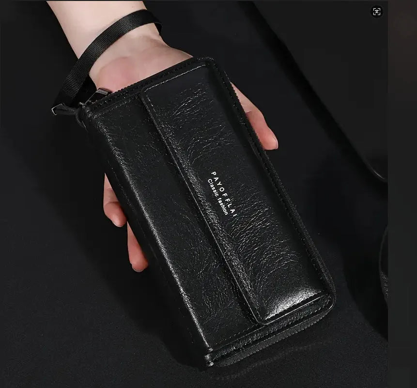 Men's black PU leather wallet with multiple card slots showing interior organisation