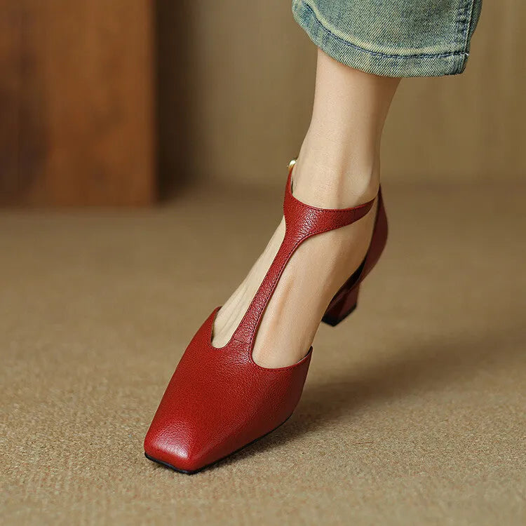 Wine red women's square toe chunky heel shoes with buckle, made from sheepskin leather.