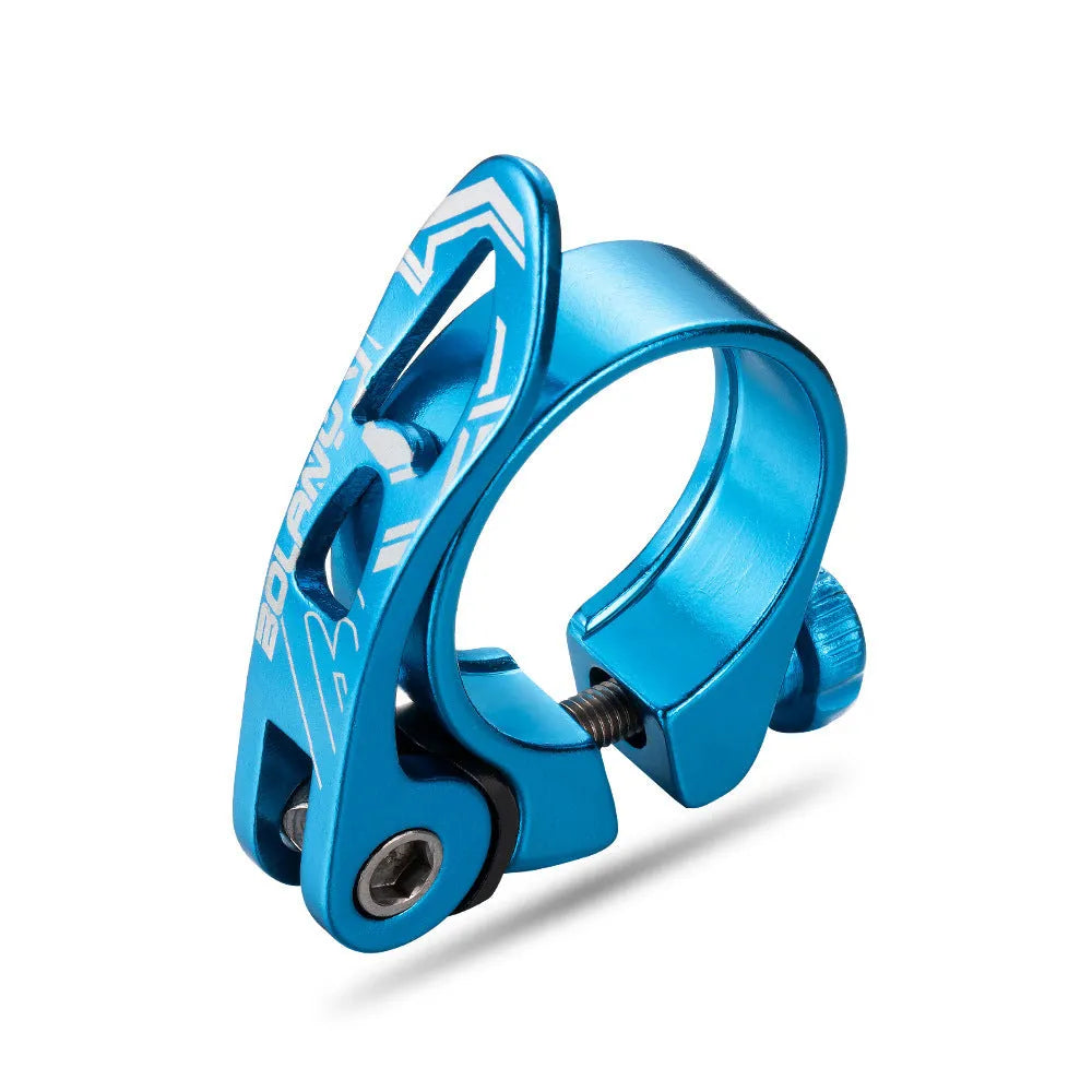 Aluminium alloy bicycle seat post clamp in black, blue, gold, or red colour options.