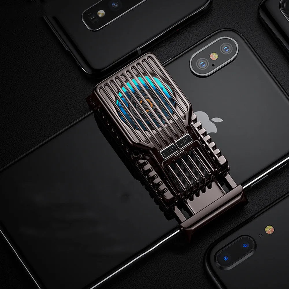 Black clip-on mobile phone cooling radiator fan with aluminium blades, shown next to a data cable.