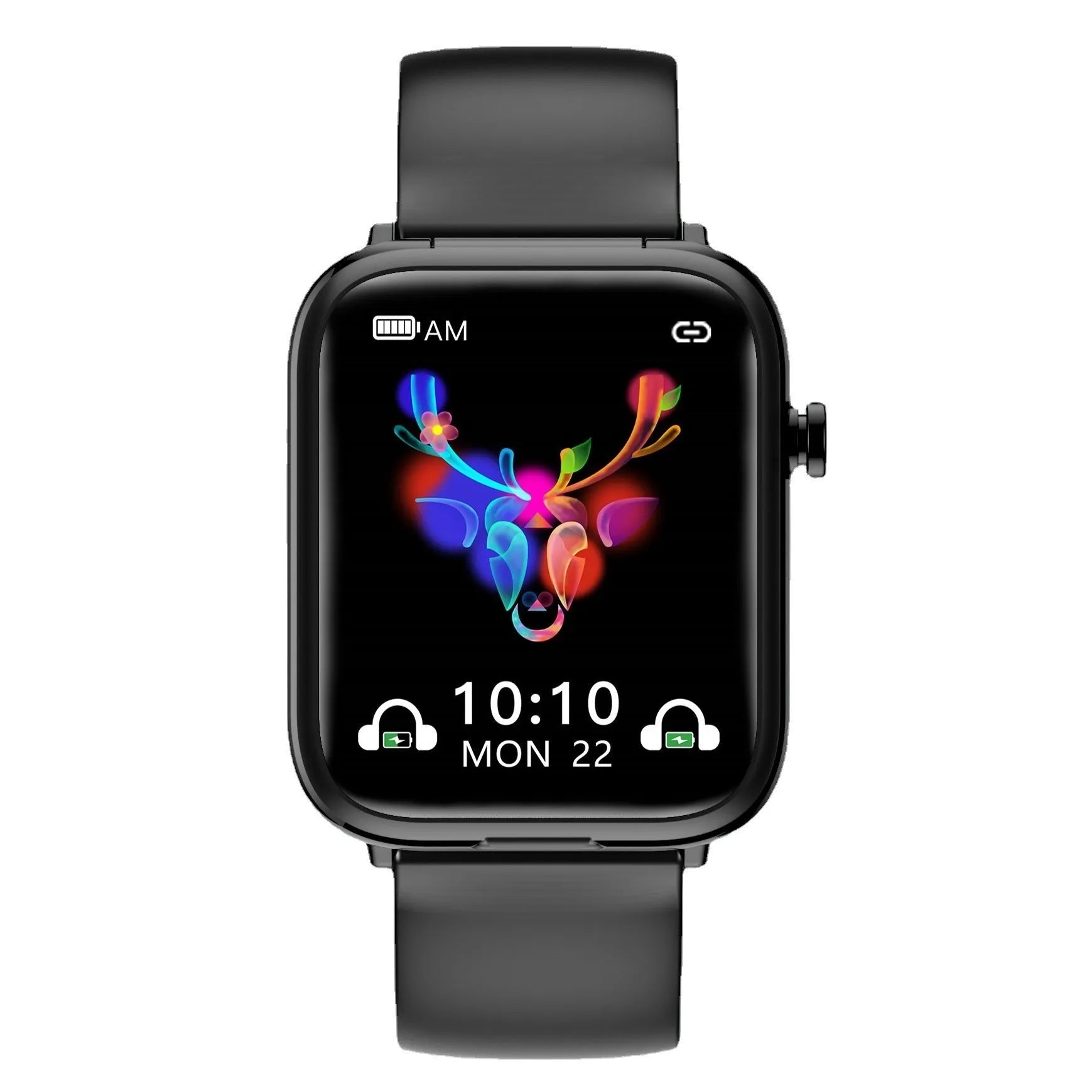 Black smartwatch with touch screen and detachable Bluetooth earbuds in charging case