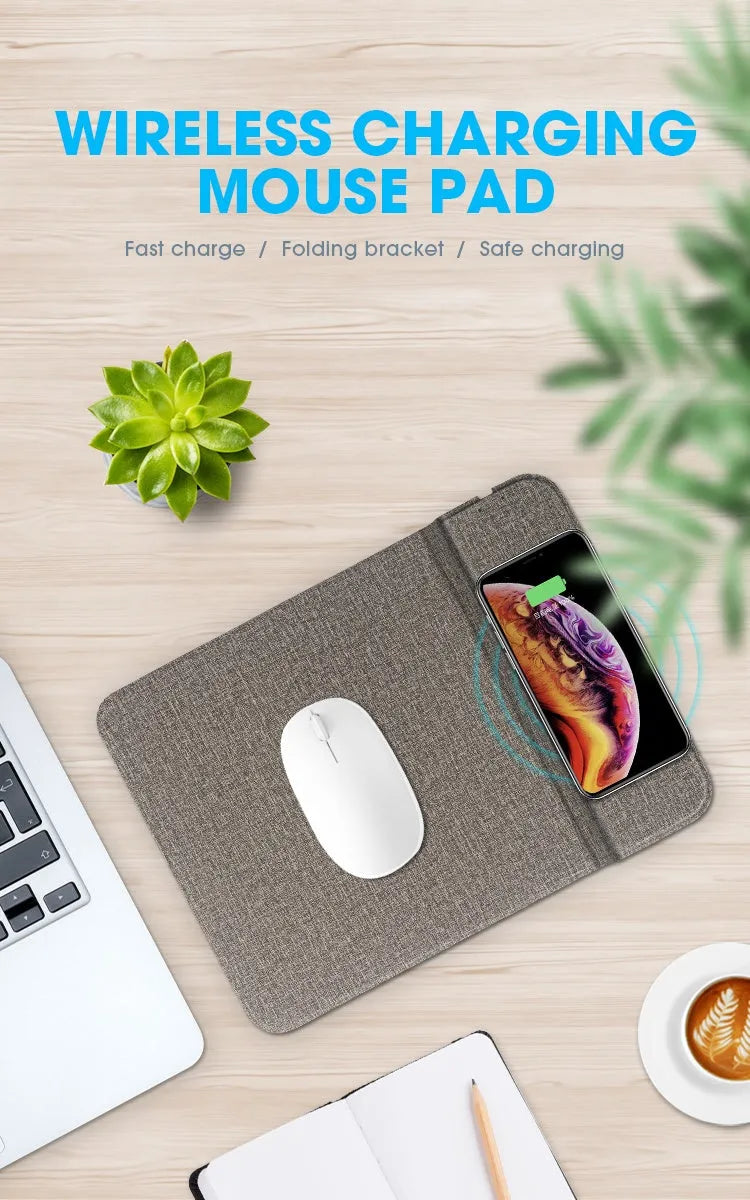 Foldable cloth phone holder with wireless charging pad showing fabric surface and compact folded design