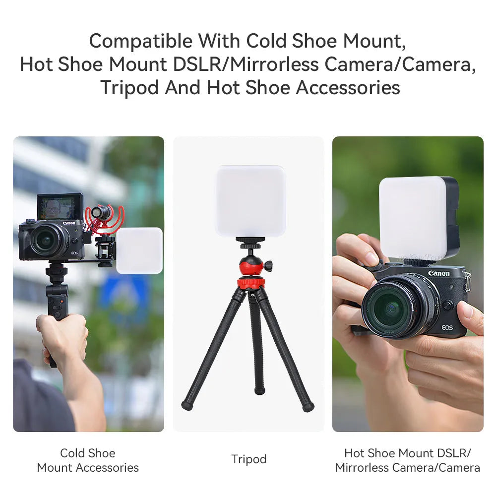 LED mini square pocket light tripod with top flash and universal camera mount