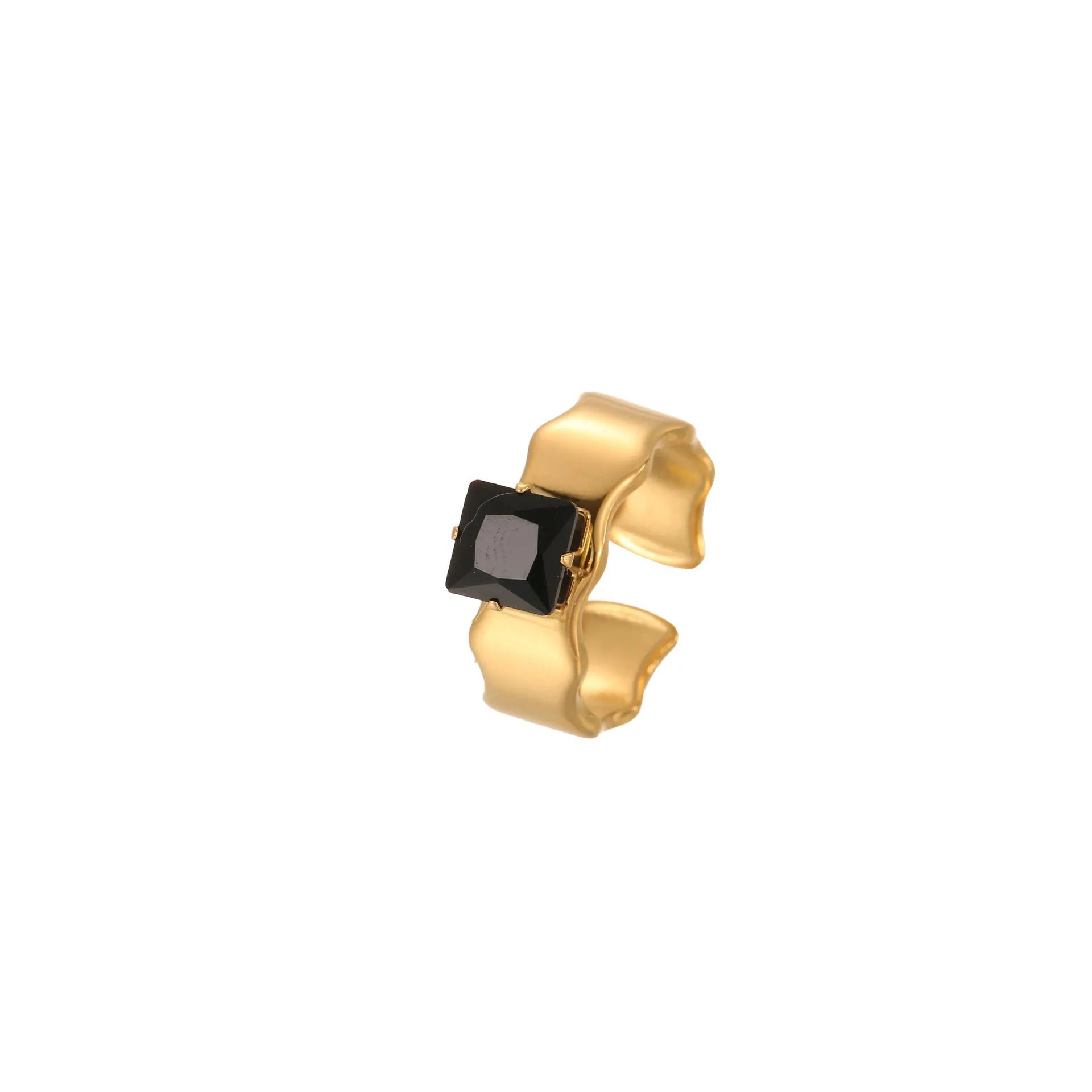Geometric titanium steel ring with inlaid zircon stones on a finger, showing open mouth adjustable design.