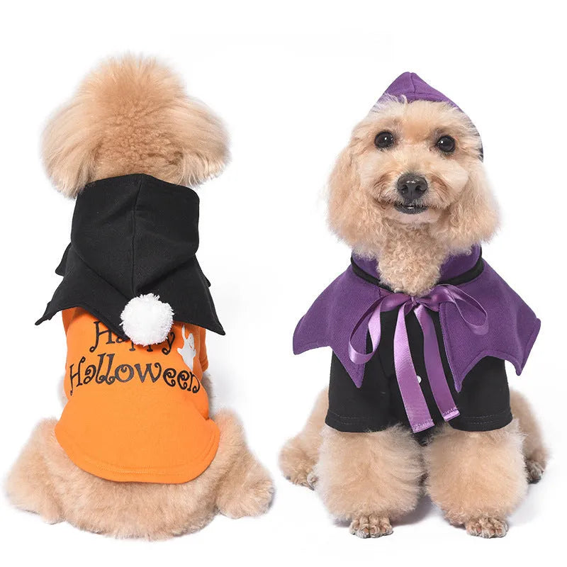Halloween pumpkin two-piece dog sweater and shawl costume in cotton material