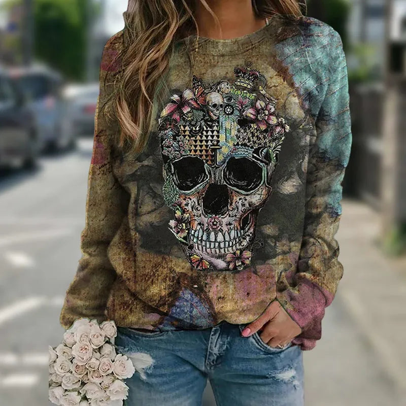 Black long sleeve sweatshirt featuring a detailed skull print on the front.