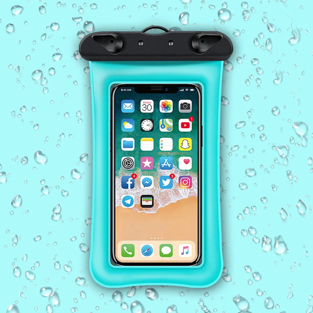 Waterproof phone pouch with neck rope in multiple colour options including orange, black, and blue