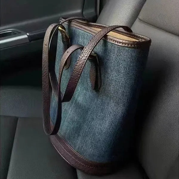 Denim patchwork retro bucket handbag with one-shoulder strap showing 23x27x16cm dimensions