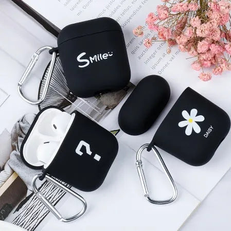Black and pink PC AirPods case covers with flower love smiley face decorative designs
