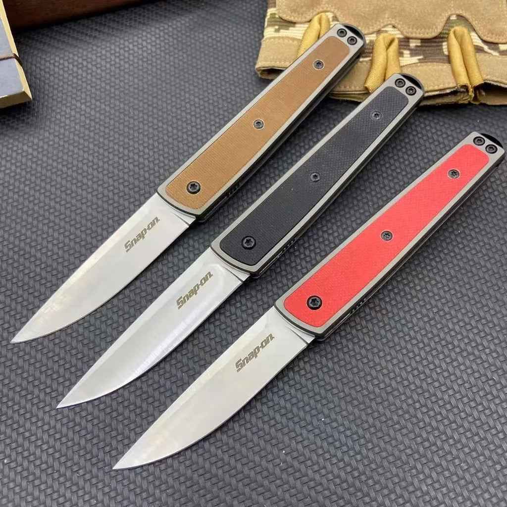 Folding fruit knife with stainless steel blade in black, coffee, or red colour measuring 17cm total length
