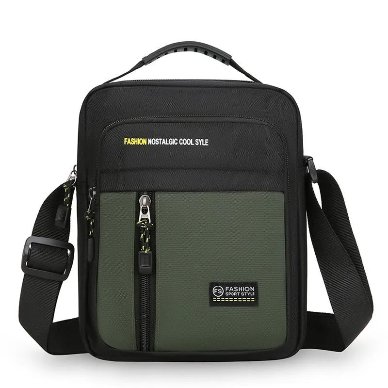 Men's nylon crossbody messenger bag with sewing thread detailing shown in available colours