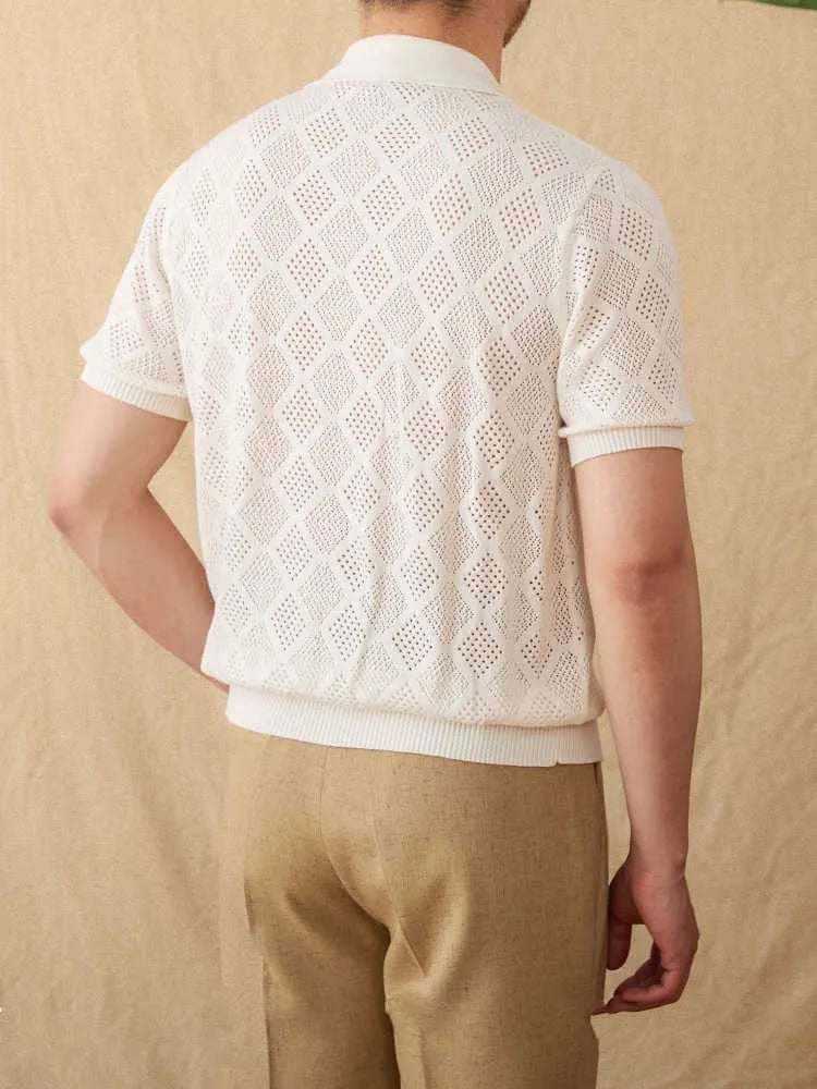 Men's light coffee cotton cardigan with zipper front and lapel collar shown on hanger