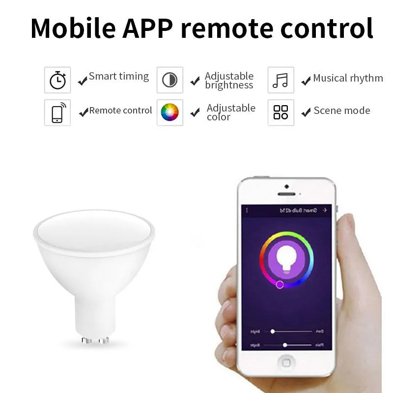 Smart GU10 LED spotlight bulb with RGBCCT colour adjustment and wifi connectivity for voice control