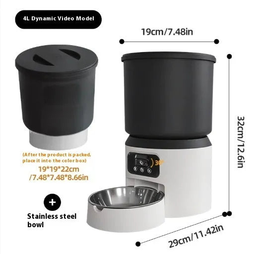4L smart pet feeder with Wi-Fi and camera on floor next to cat, showing mobile app control interface.
