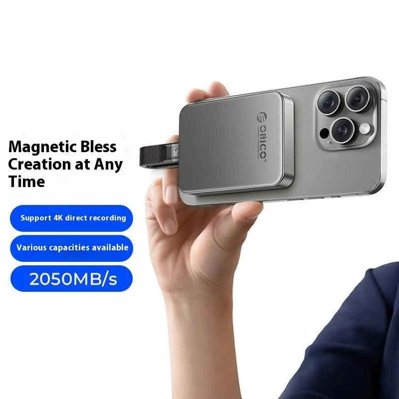 Grey aluminium alloy magnetic mobile SSD with ultra-thin 80x60x11.2mm dimensions