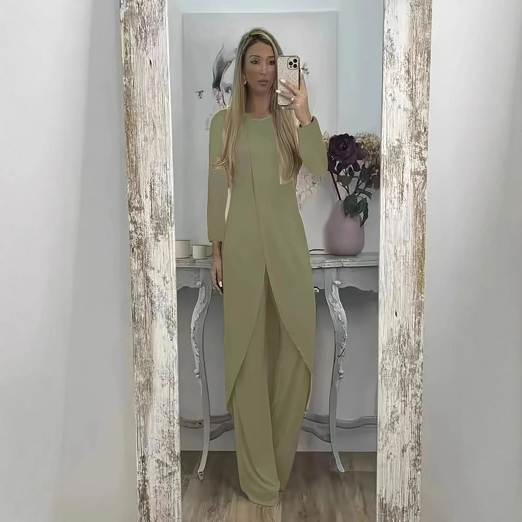 Casual polyester two-piece set showing long sleeve round neck top and matching trousers in black colour