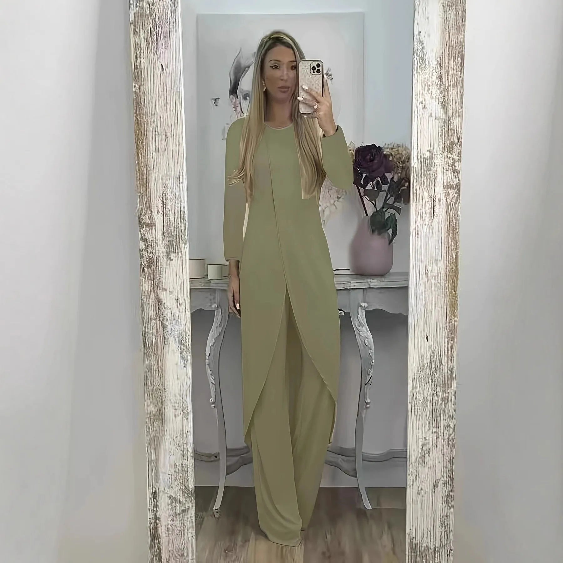 Casual polyester two-piece set showing long sleeve round neck top and matching trousers in black colour