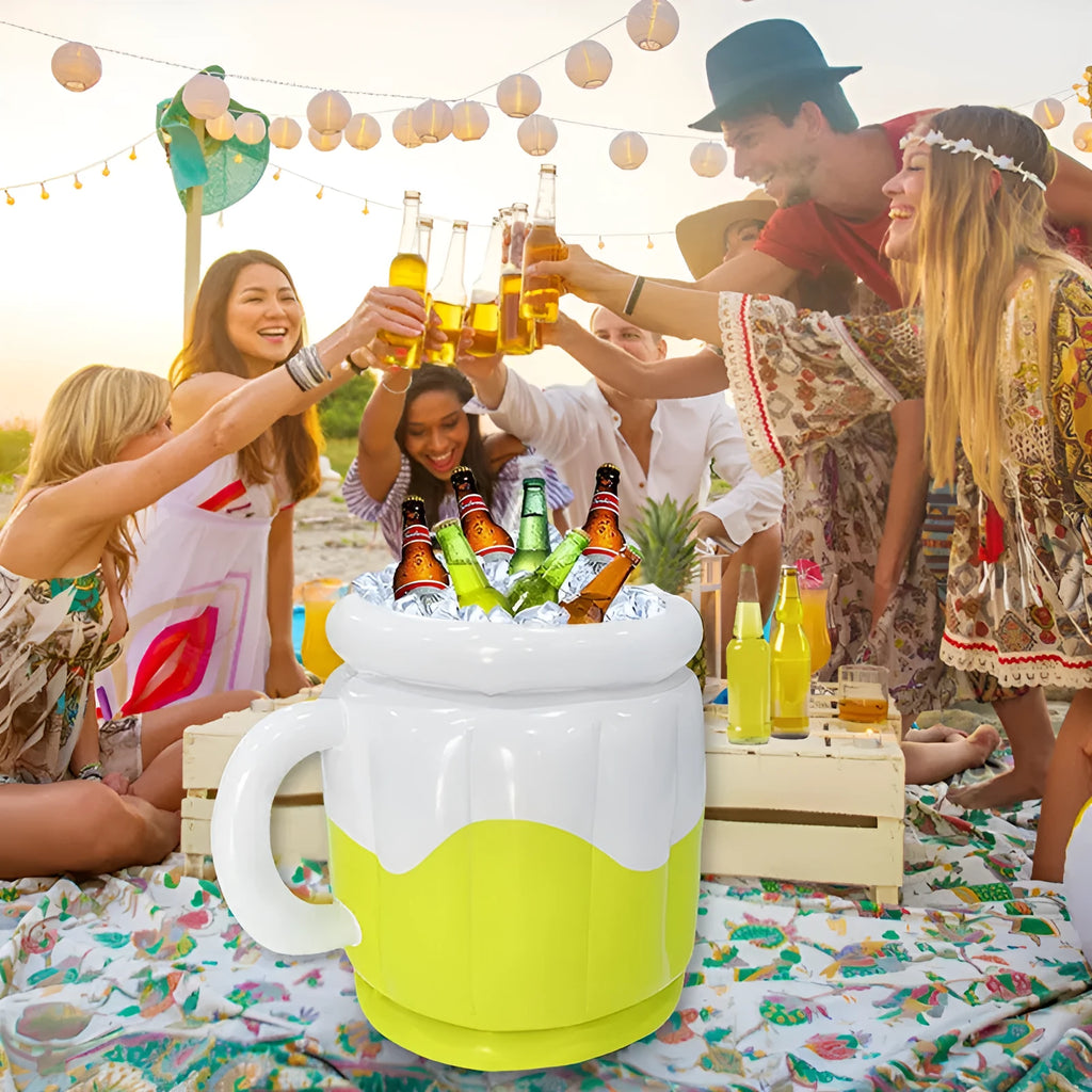 Bright yellow inflatable ice bucket made from eco-friendly PVC for outdoor parties and camping.