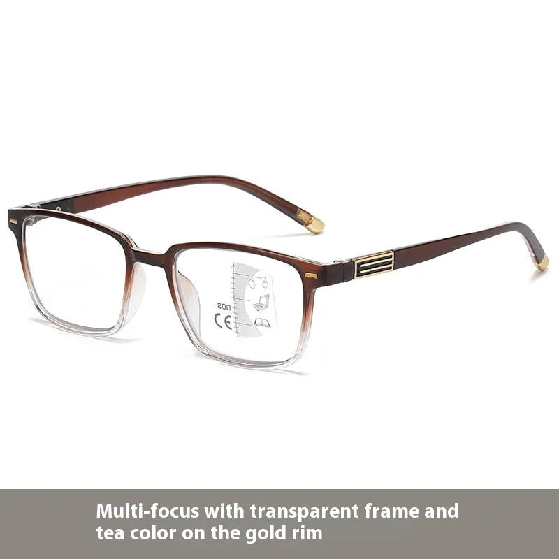 Anti blue light multifocal reading glasses with colour-changing grey PC lenses in a black and silver frame style.