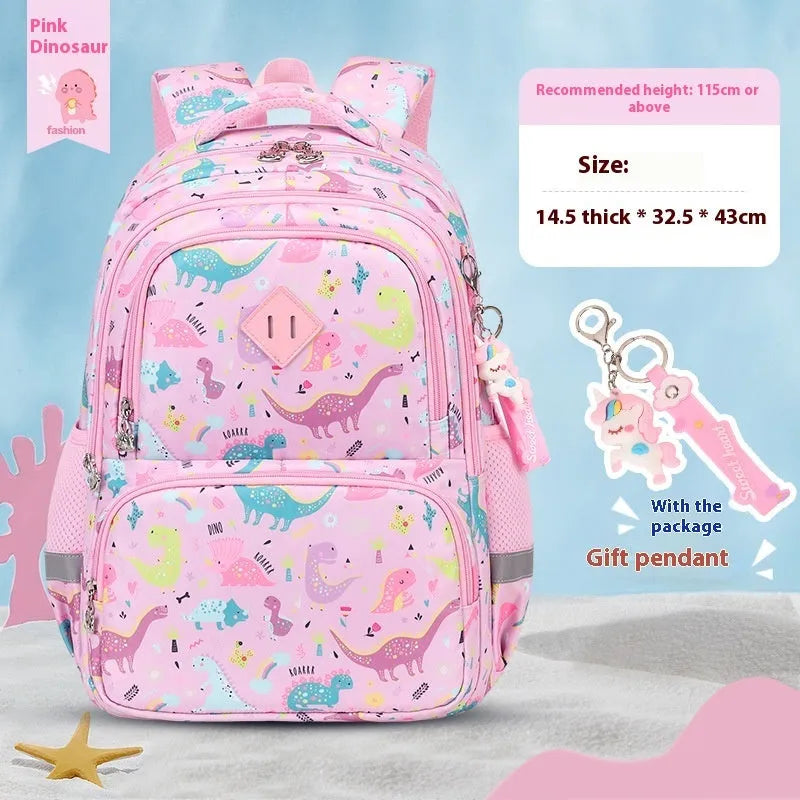 Blue children's waterproof school backpack with dinosaur print and curved shoulder straps
