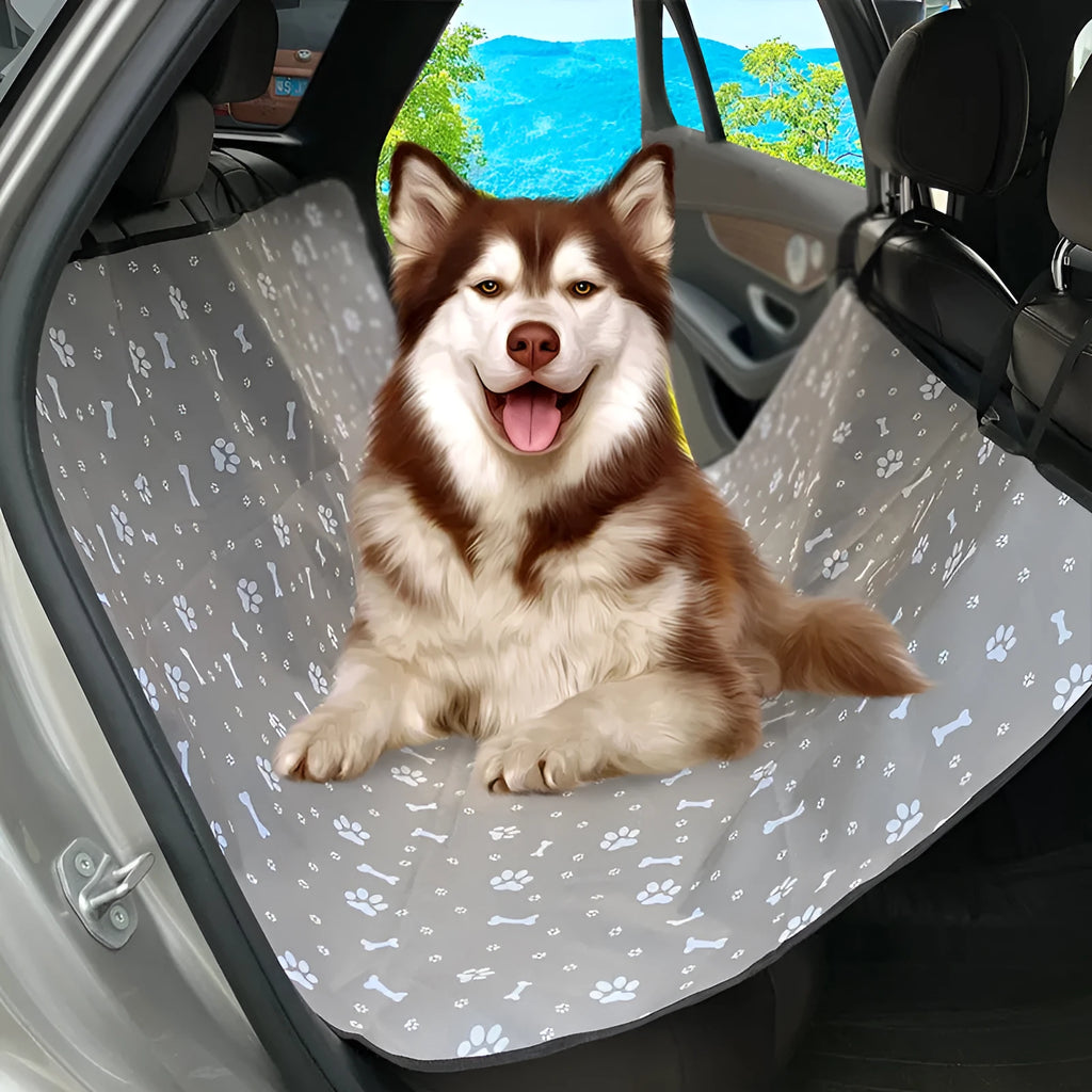 Grey cloth car pet mat with dog bone print protecting a car rear seat