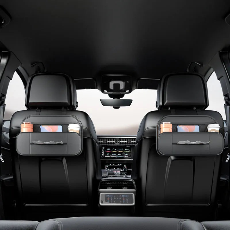 Black leather car seat rear storage bag with adjustable compartments
