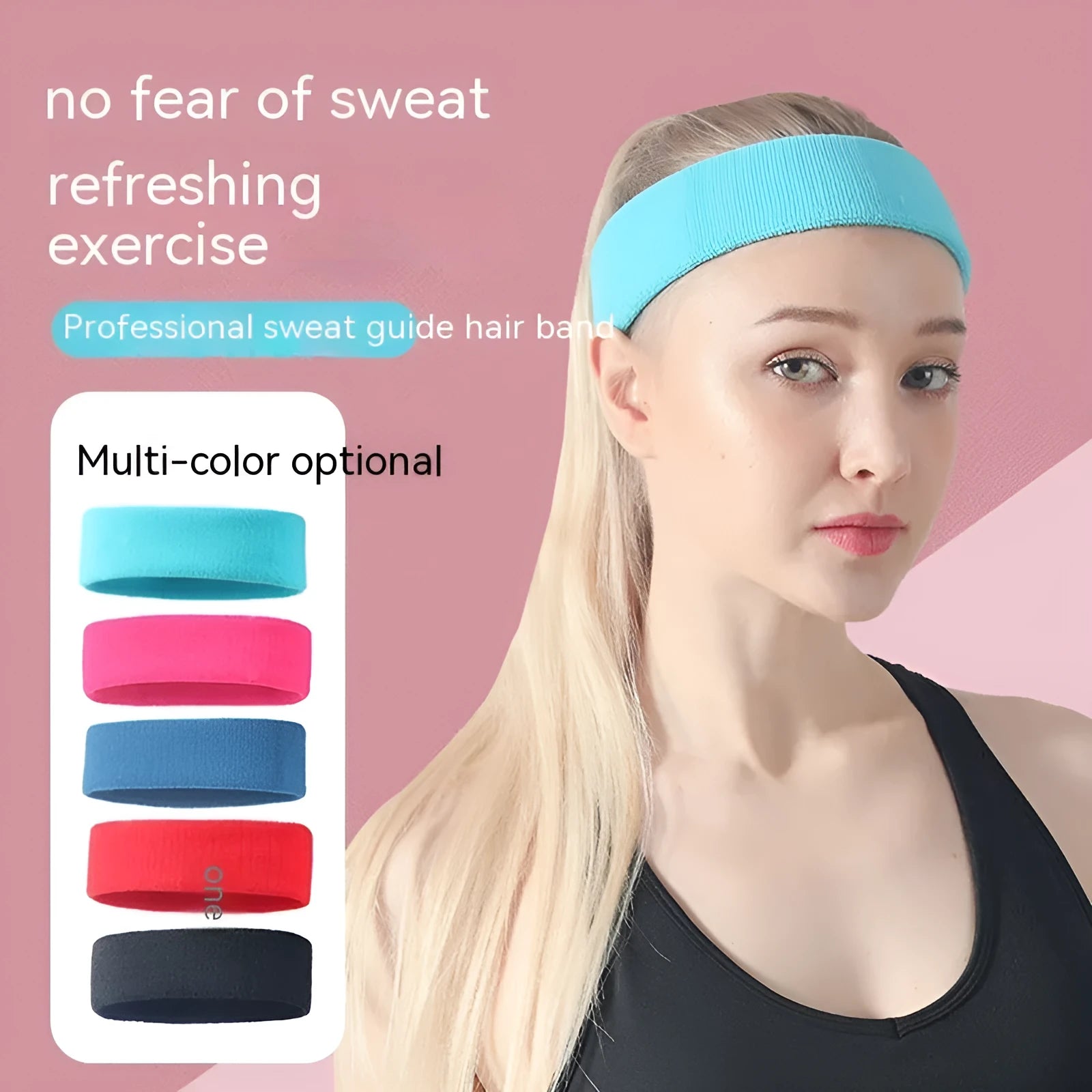 Elastic widening sports sweat band in solid colours: black, red, blue, rose red, sky blue.