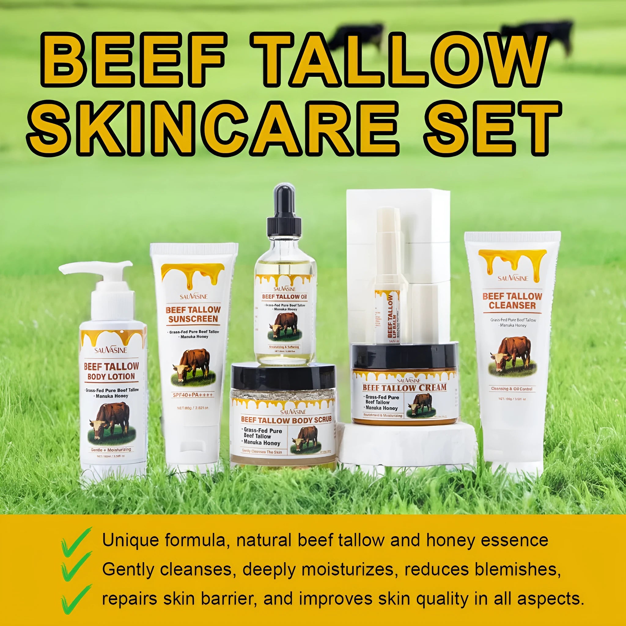 Seven-piece facial skincare set including cleanser, cream, lip balm, lotion, scrub, and beef tallow soap.
