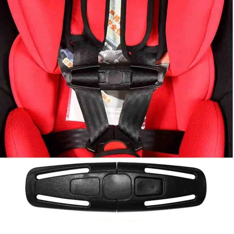 Black nylon seat belt buckle for child car seat harness, shown with a 5-point strap diagram.