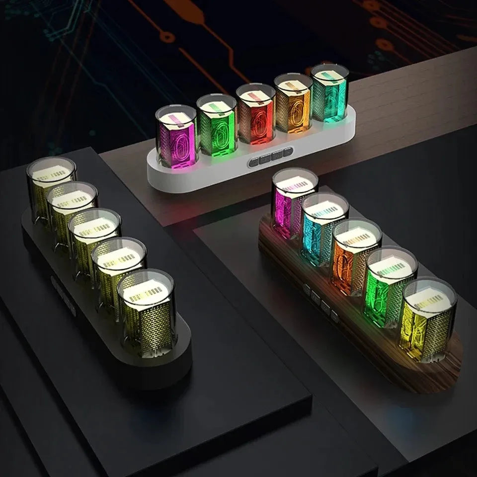RGB LED digital clock showing colourful display modes with USB cable connection