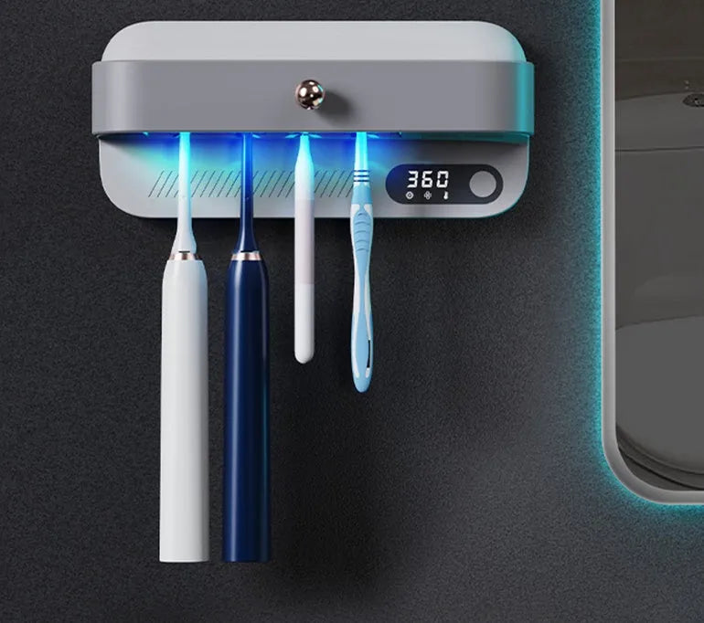 White wall-mounted smart toothbrush sterilizer with UV disinfection and USB charging port