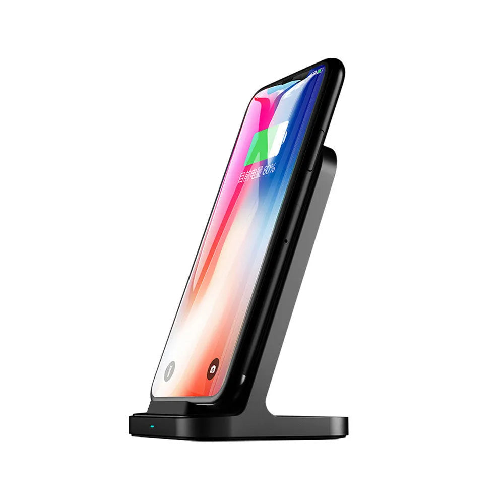 Dark grey vertical wireless charging stand for Apple iPhone on desktop