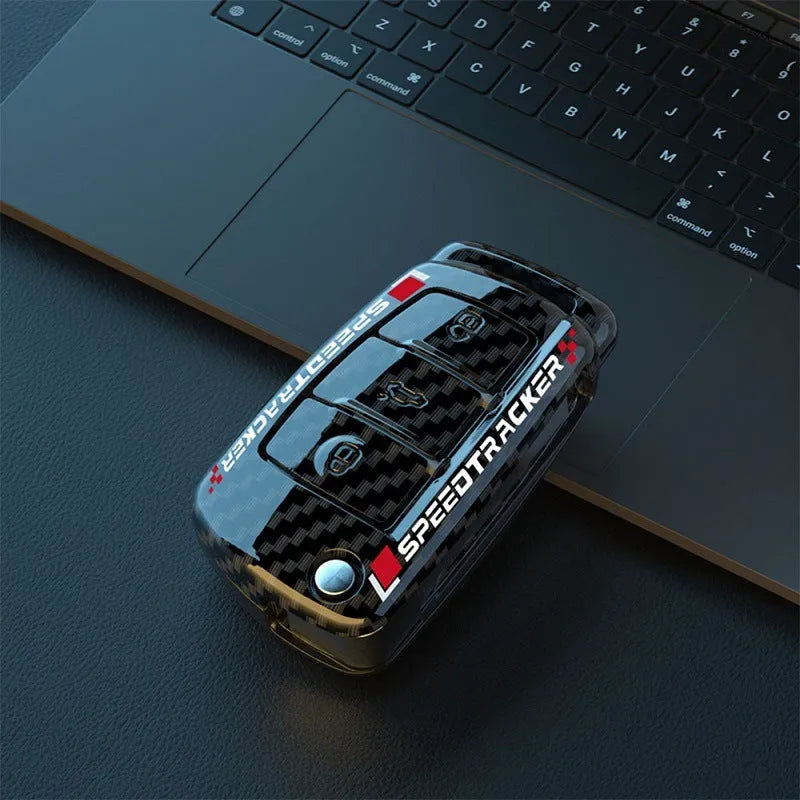 Carbon fibre style car key cover with mirror elements in carbon and white colour options